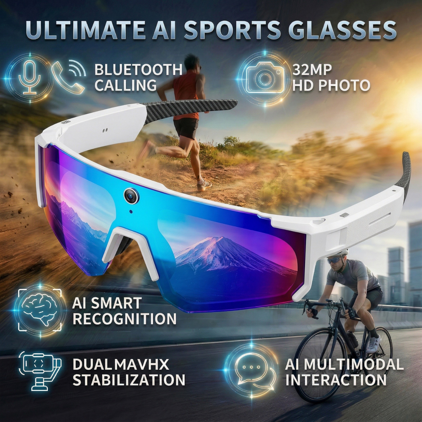 Sport Camera Glasses for Cycling - 1080P HD Hands-Free POV Recording Sunglasses