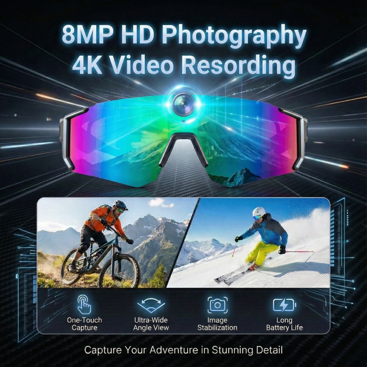 Sport Camera Glasses for Cycling - 1080P HD Hands-Free POV Recording Sunglasses