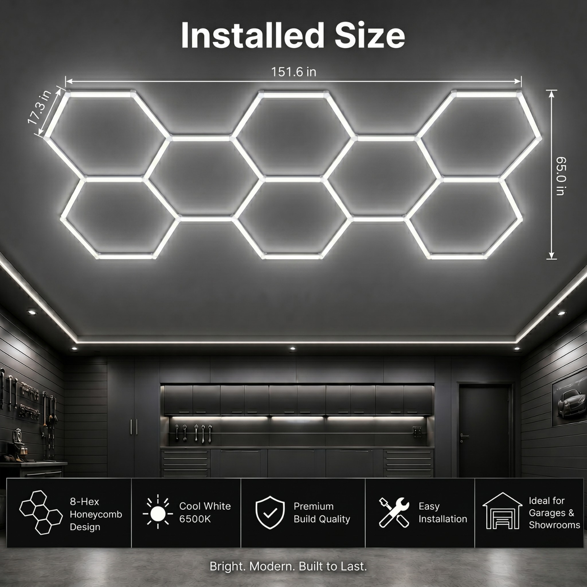 8 Grid Hexagon Garage Lights 6500K White LED Ceiling Kit