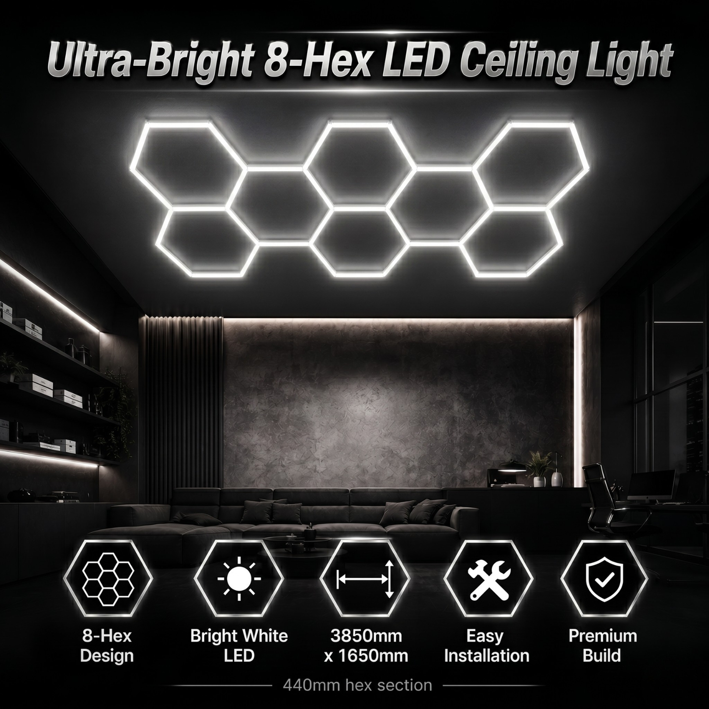 8 Grid Hexagon Garage Lights 6500K White LED Ceiling Kit