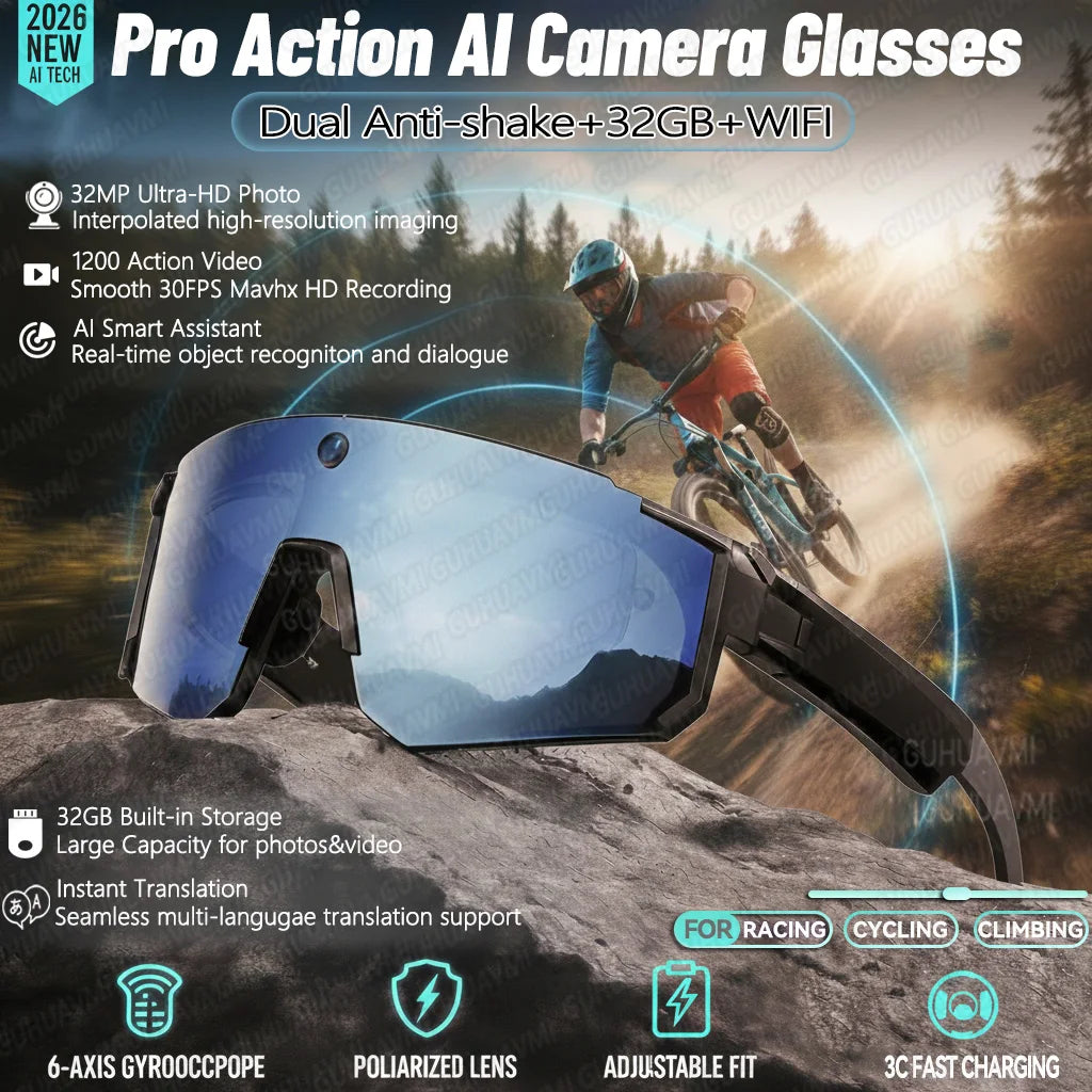 Sport Camera Glasses for Cycling - 1080P HD Hands-Free POV Recording Sunglasses