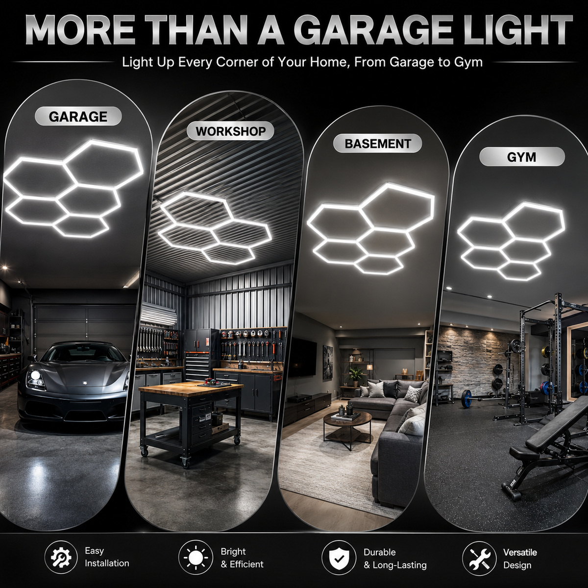 5 Grid Hexagon Garage Lights 6500K White LED Ceiling Kit