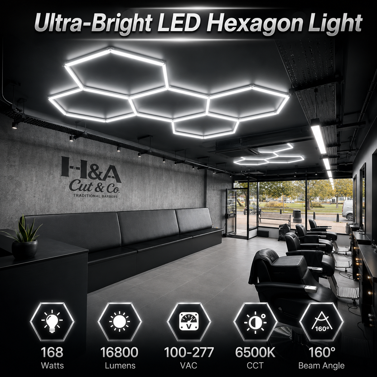 5 Grid Hexagon Garage Lights 6500K White LED Ceiling Kit
