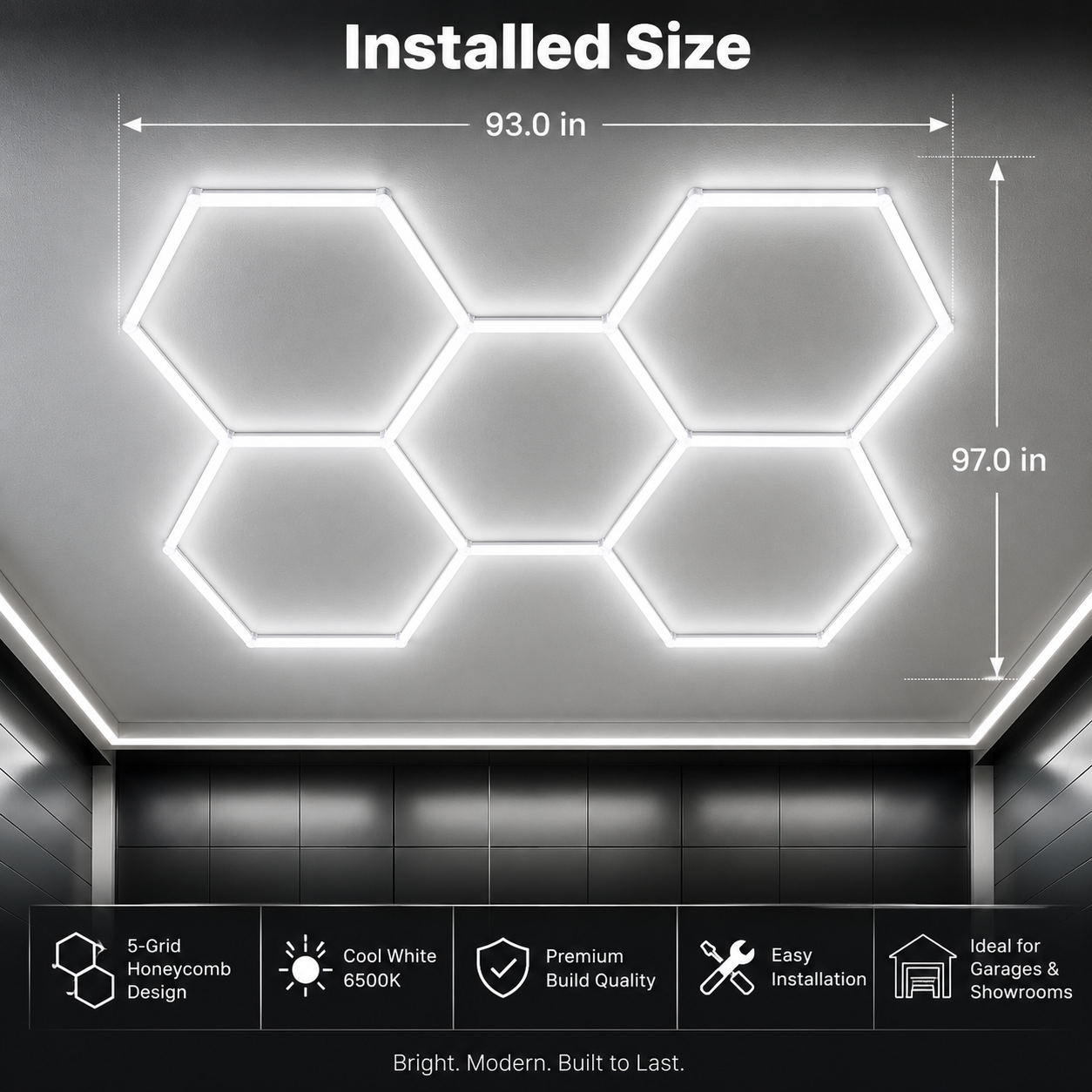 5 Grid Hexagon Garage Lights 6500K White LED Ceiling Kit