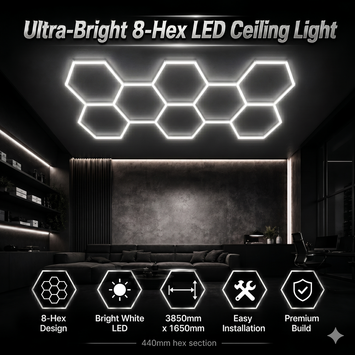 8 Grid Hexagon Garage Lights 6500K White LED Ceiling Kit