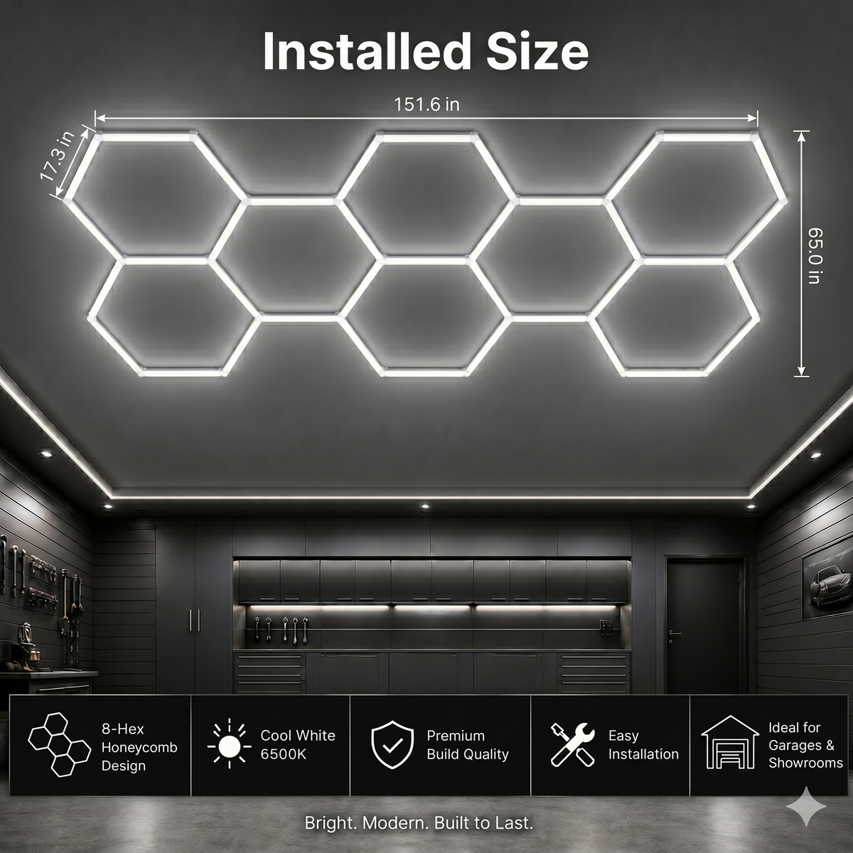 8 Grid Hexagon Garage Lights 6500K White LED Ceiling Kit