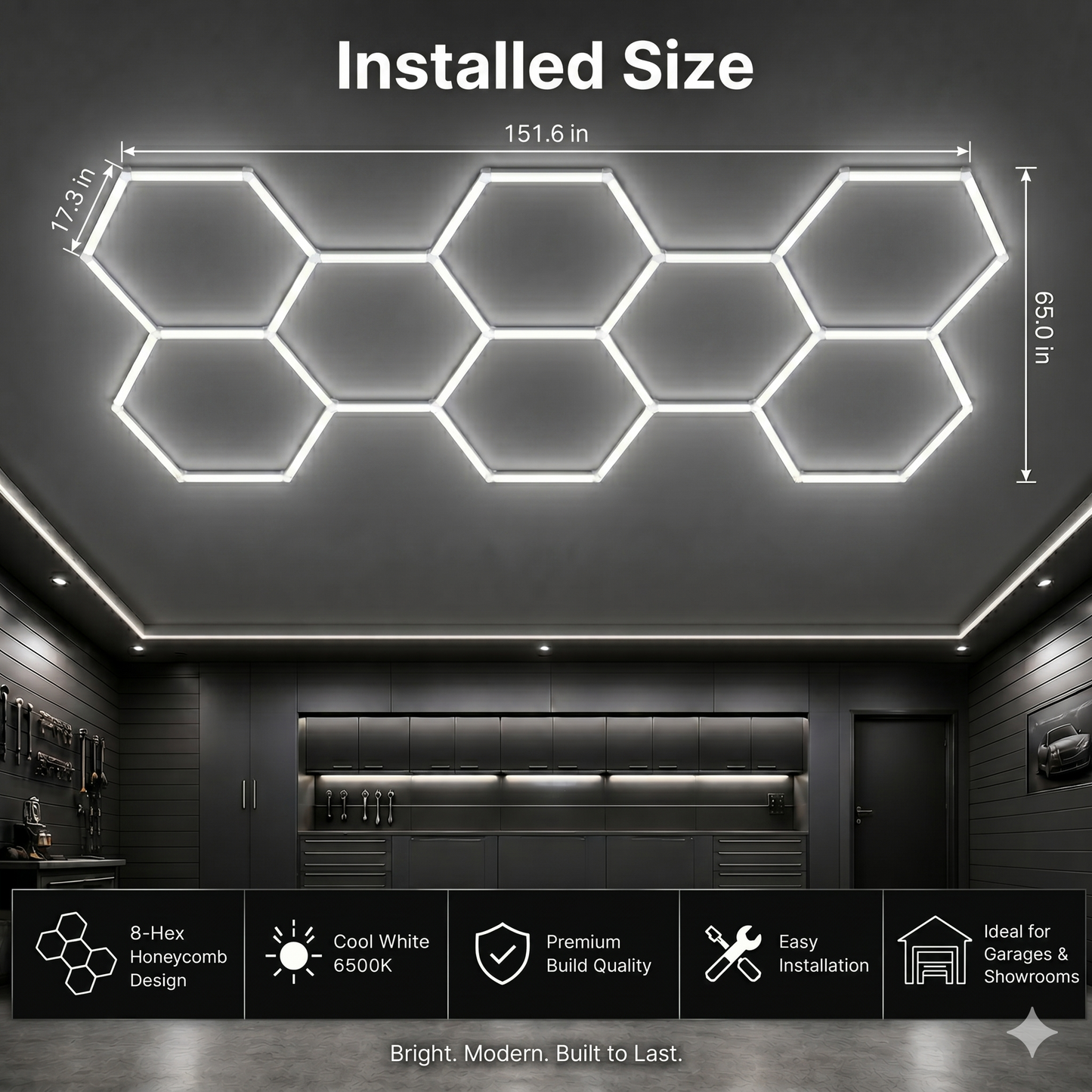 8 Grid Hexagon Garage Lights 6500K White LED Ceiling Kit