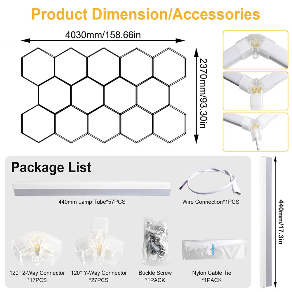 Garage honeycomb hexagonal LED white light super bright 6500K color temperature installed on the ceiling, suitable for garages