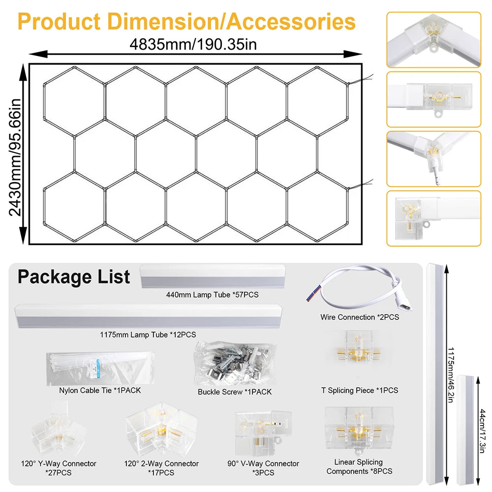 Garage honeycomb hexagonal LED white light super bright 6500K color temperature installed on the ceiling, suitable for garages