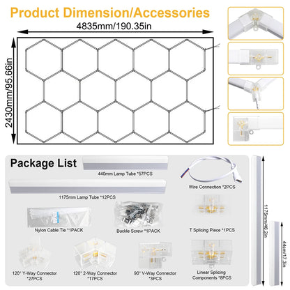 Garage honeycomb hexagonal LED white light super bright 6500K color temperature installed on the ceiling, suitable for garages